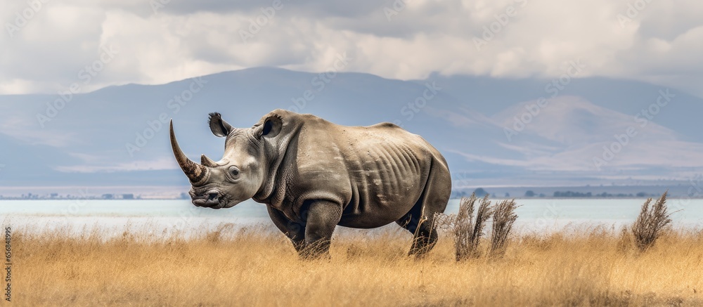Black rhino in Kenyan landscape photographed during safari trip - obrazy, fototapety, plakaty 