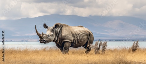 Fényképezés Black rhino in Kenyan landscape photographed during safari trip