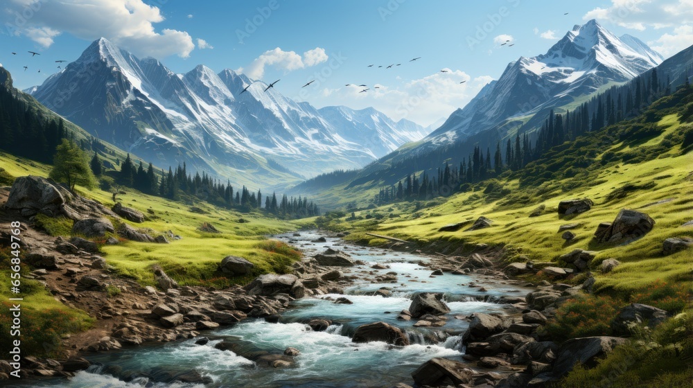 Fototapeta premium landscape with beautiful mountains, forests and rivers