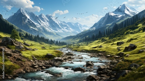 landscape with beautiful mountains, forests and rivers