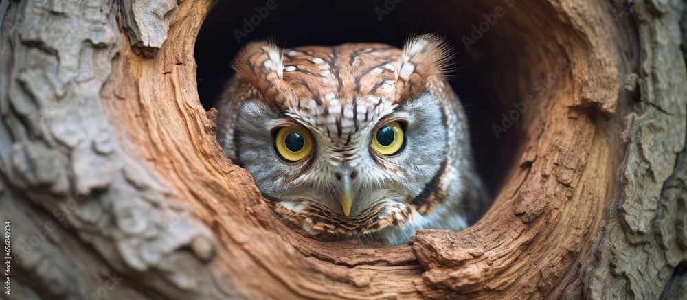 Eastern Screech owl in tree hole Quebec Canada Eastern Screech owl in tree hole Quebec Canada