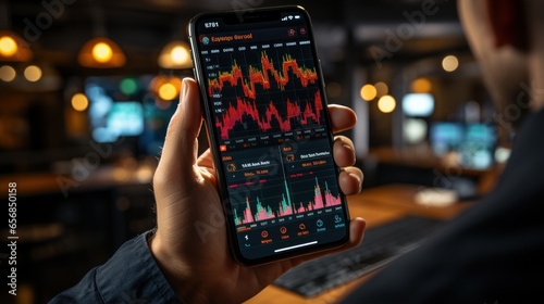 cryptocurrency investor analyst trader hand holding mobile phone doing market data price analysis and stock app advertising.