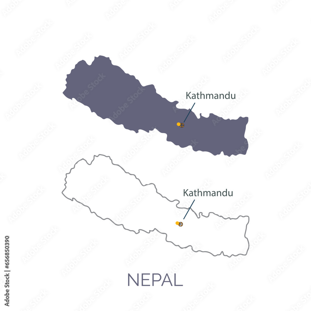 Obraz premium Nepal map with capital Kathmandu marked with a pin on an isolated white background. Outline and bordered map. Vector, illustration. 