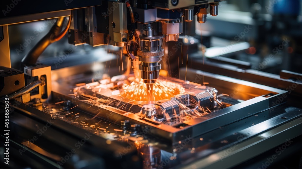 Working process of high precision CNC milling and drilling machines in a modern manufacturing factory Working process of high precision CNC milling and drilling machines in a modern manufacturing factory