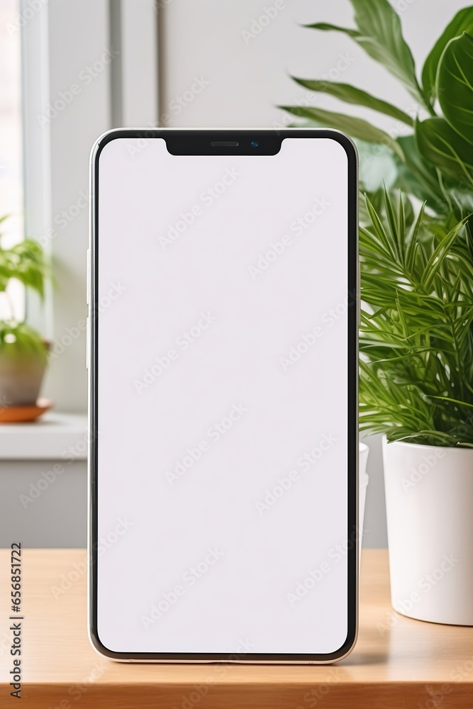 Mockup smartphone with blank screen on table with green plant Mockup smartphone with blank screen on table with green plant