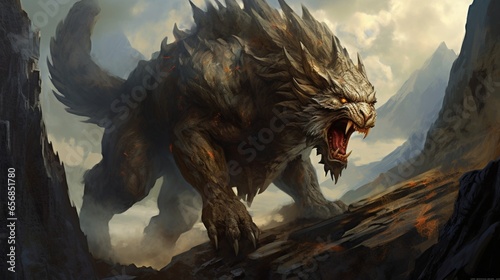 A mythical and fearsome chimera, its multiple heads snarling, guarding a hidden mountain pass
