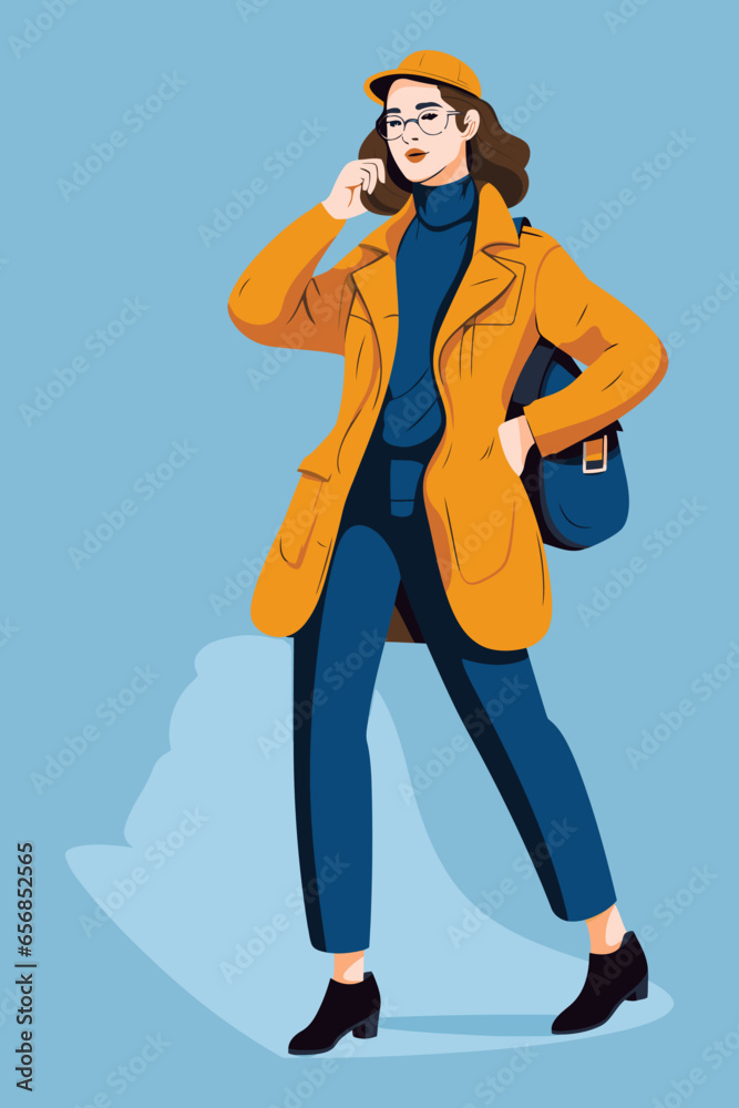 Vector illustration of a woman in a yellow coat with a bag on a blue background Vector illustration of a woman in a yellow coat with a bag on a blue background