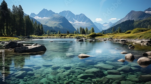 View of mountains, rivers, lakes and trees in summer morning