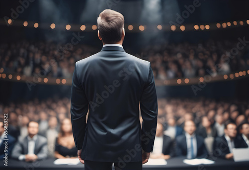 Businessman. Presentation. Stage. Speaker. Suit. Conference. Audience. Leadership. AI Generated. Business Presentation.