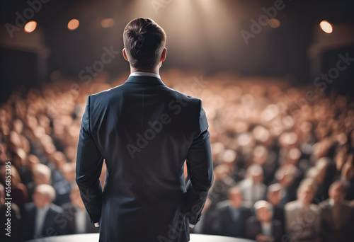 Businessman. Presentation. Stage. Speaker. Suit. Conference. Audience. Leadership. AI Generated. Business Presentation.