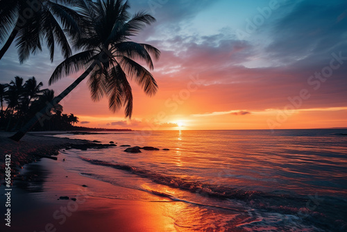 Sunset on the beach with palm trees and rocks. Beautiful sunset on the beach.