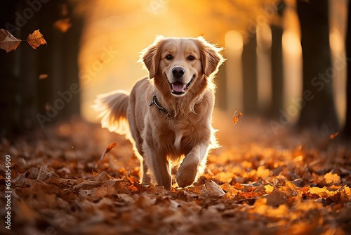 Beautiful dog running in autumn among the dead leaves