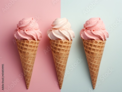 Three ice creams wrapped in cones on pink and blue background. Strawberry flavor.