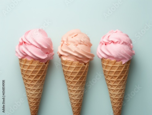 Three ice creams wrapped in cones on blue background. Strawberry flavor.