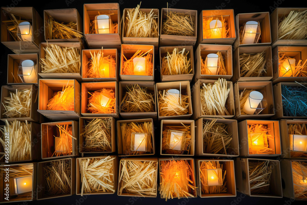 Wooden crates filled with straw, overhead shot ideal for backgrounds