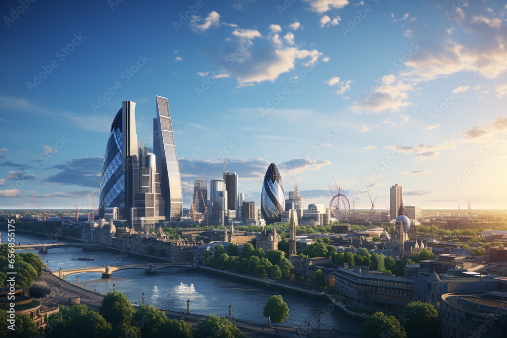 Panoramic view of London at sunset, United Kingdom. 3D rendering - obrazy, fototapety, plakaty 