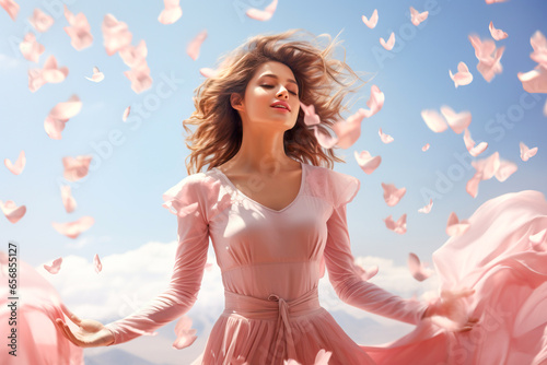 young woman with pink hearts flying away from her hands