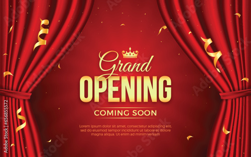 Realistic grand opening invitation banner with red curtains, golden elements and 3d editable text effect