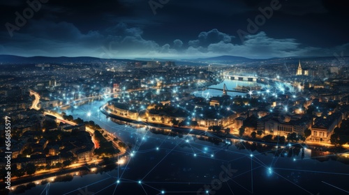 Panoramic aerial view of the city with smart services and icons, internet, network and augmented reality concept, night view.