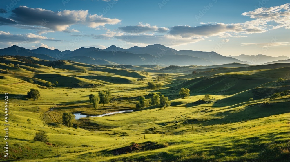beautiful spring view in the mountains. grassy fields and hills. Wide green fields