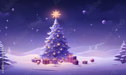 Winter background with bright lights and snow on christmas tree with decorations © Asif