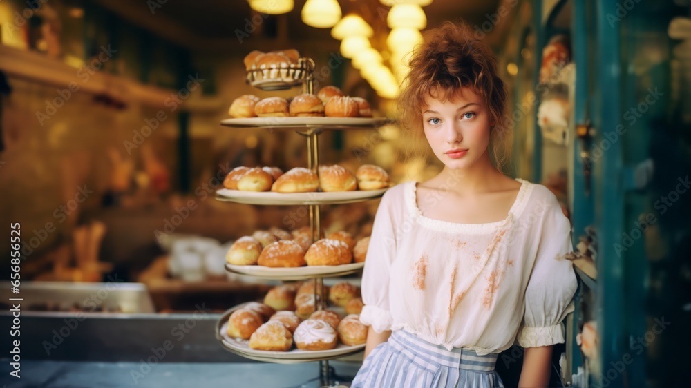 Food concept. Brunette smiling bakery in front of fresh pastries. Woman wears white uniforme. Food concept. Brunette smiling bakery in front of fresh pastries. Woman wears white uniforme.