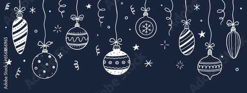 Doodle christmas ball element background. Hand drawn sketch line style xmas ball. Cute merry christmas bauble for border, background design with text place. Isolated vector illustration.