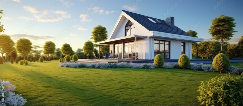 Newly constructed house with a beautiful exterior green lawn and 
