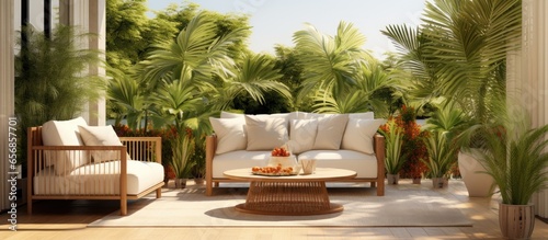 a sunny day on an exotic veranda patio with outdoor furniture shade gazebo and palm trees in the backyard garden