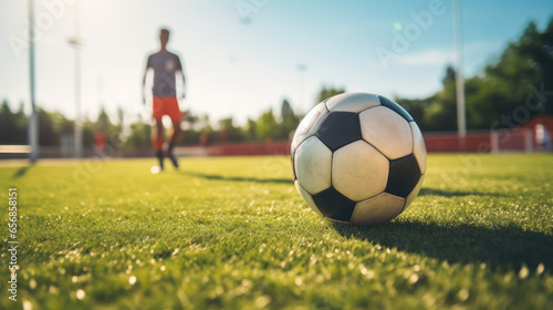 Soccer player with ball on a soccer field