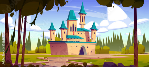 Fairy tale magic medieval castle cartoon vector background. Old king palace near forest on meadow. Royal fortress with tower building and flag on summer. German architecture exterior and skyline scene