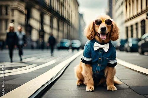 Dog is sitting on the road while wearing jaket photo