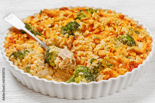 chicken rice broccoli casserole in baking dish photo