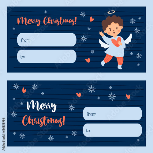Merry Christmas gift cards tag. Little cartoon angel boy with heart. Xmas horizontal postcard. Vector illustration. Cute new year kids collection.