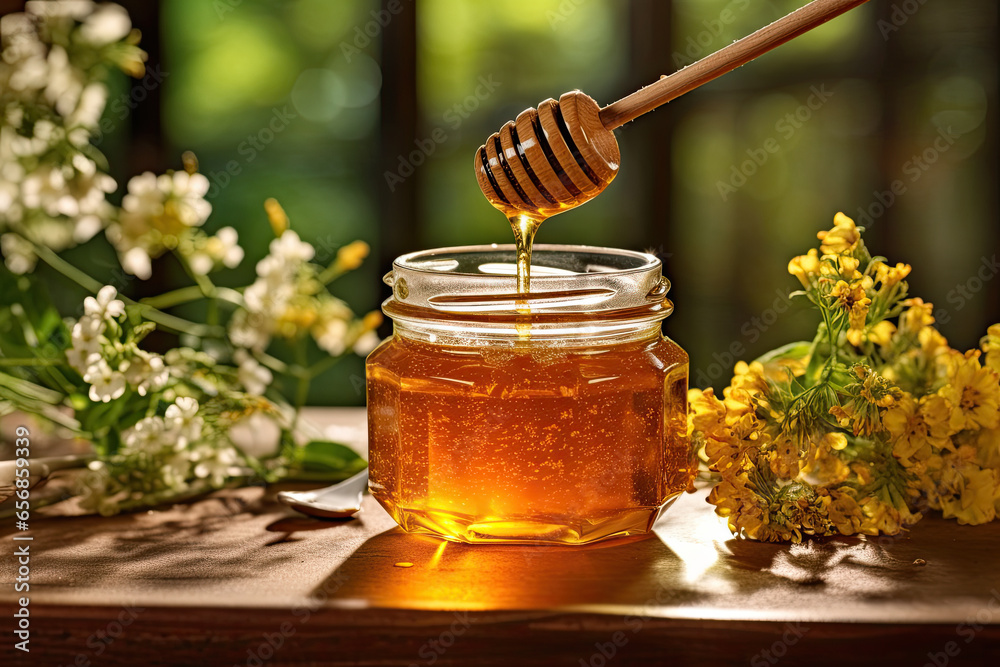 Honey jar on a wooden table adorned with vibrant flowers and herbs Honey jar on a wooden table adorned with vibrant flowers and herbs