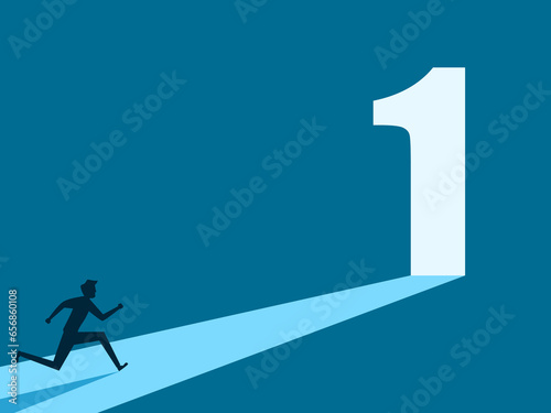 Opportunity to be number one. man running towards door number one vector