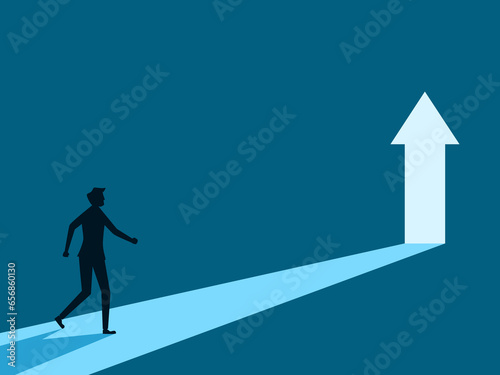 Find success. Businessman walks towards the growth arrow exit vector