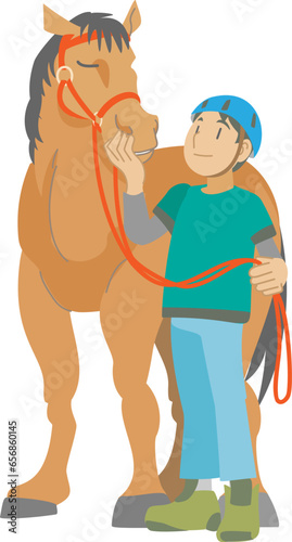 馬を撫でる少年