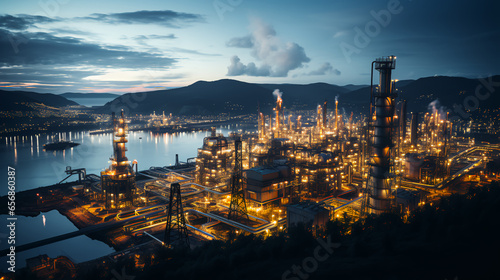 Large oil refinery industrial chemical plant top view at night