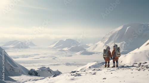 Two cosmonauts in red spacesuits are walking in an unknown landscape, mountains in the distance