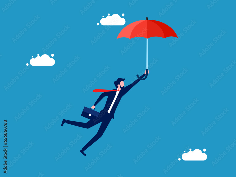 Business risk prevention. Businessman flying with red umbrella. Vector