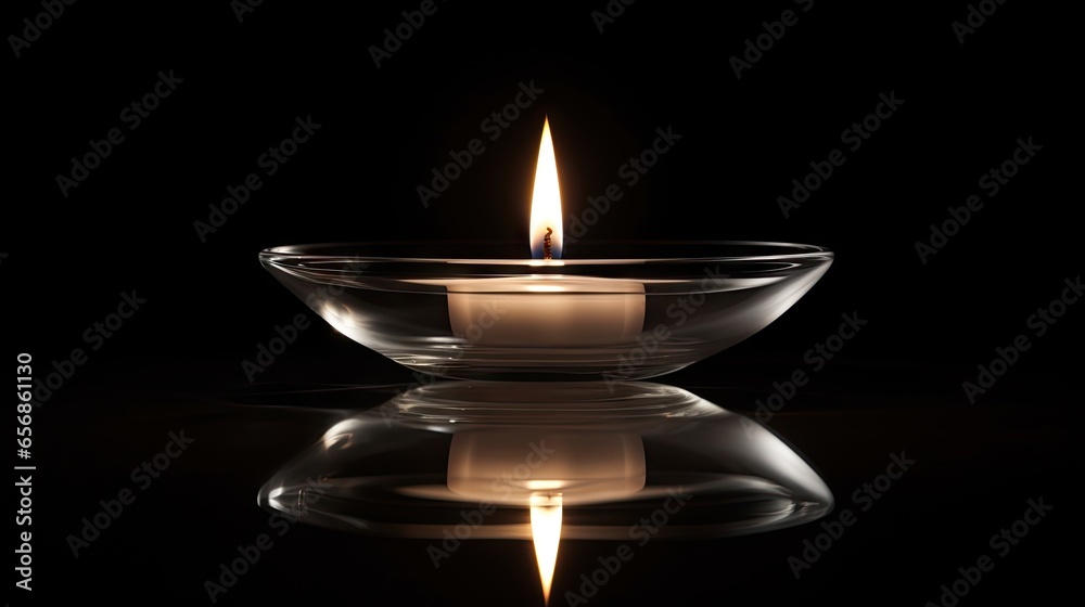 a lit candle in a glass bowl on a reflective surface. generative ai a lit candle in a glass bowl on a reflective surface. generative ai