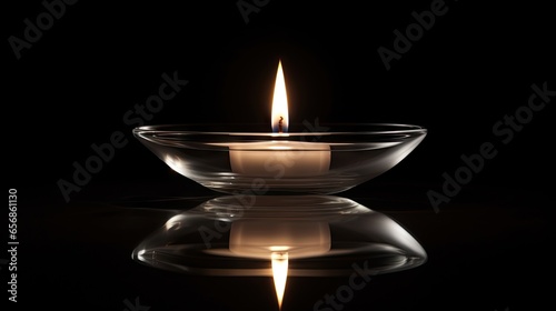  a lit candle in a glass bowl on a reflective surface. generative ai