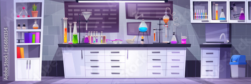 Chemical laboratory interior with equipment. Vector cartoon illustration of lab room with furniture and tools, colorful liquid fluid in glass flasks, test tubes, beakers, protective glasses on desk