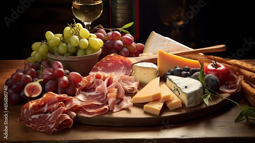  a plate of cheese, meats, and grapes on a table. generative ai