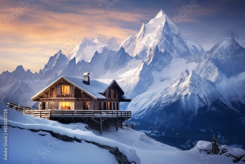 A cozy timber cabin amidst snow with majestic Mont Blanc towering in the distance. Generative AI