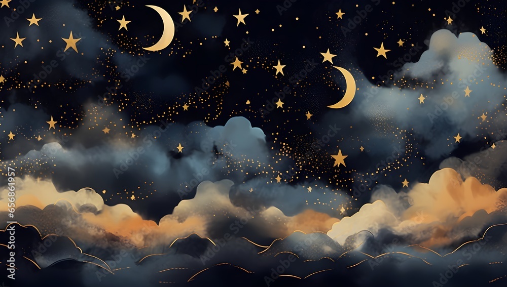 Seamless pattern of the night sky with gold foil constellations stars and clouds watercolor. Generative ai