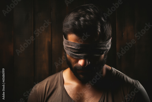 Portrait of a man with blindfold on his eyes against wooden background photo