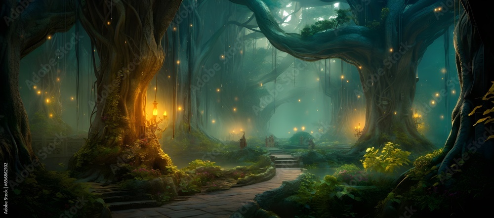 Enchanted magic Forest Glade, Illuminated Fireflies amidst Ancient Trees. generative ai 