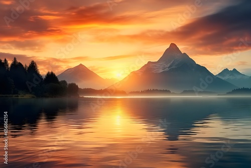 An image of a vibrant sunset over a serene lake, Serene Mountain Sunrise: Misty Lake Reflections at Dawn. generative ai  © ekhtiar